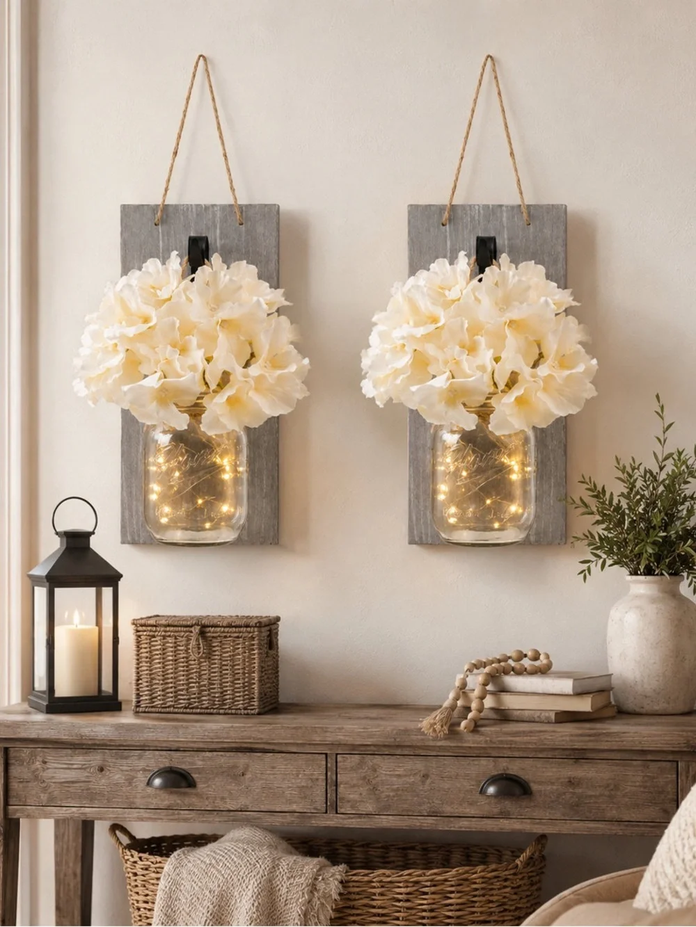 Cream Floral Mason Jar Wall Sconce Pair - Home Accents